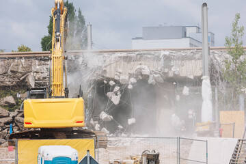 Close-up view of crumbling bridge structure demolition in Magdeburg Damaschkeplatz  exposed steel...