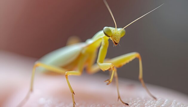 A paleyellow praying mantis stands on human skin