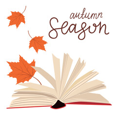 Opened book with leaves and lettering. Autumn season. Vector drawing in the cartoon style.	