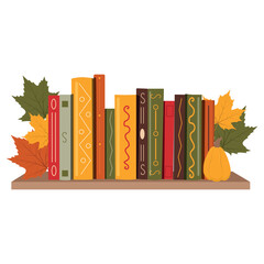 Books shelf with books row ad autumn decor. Home library in rows for reading, education.