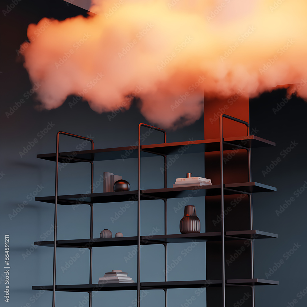 Poster a modern bookshelf with decorative objects sits beneath a cloud shaped lamp in a dark room