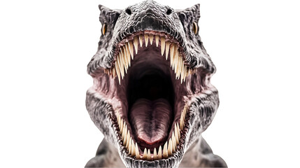 Naklejka premium Ferocious Tyrannosaurus Rex showcases its massive teeth in a close-up studio shot with a transparent background, emphasizing raw power.