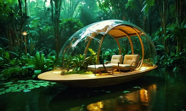 A modern transparent bubble tent nestled among lush greenery. The tent is floating on a water body, surrounded by dense vegetation, creating a serene and secluded atmosphere.