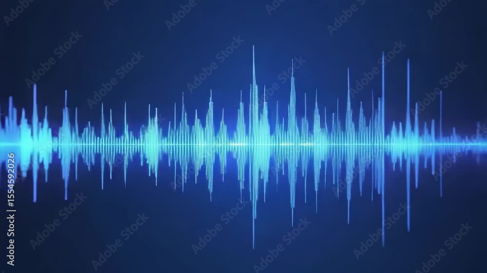 Poster digital sound wave visualization blue tones showcases audio frequencies and rhythms, embodying moder