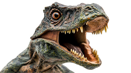 Close up of an impressive, formidable Deinonychus dinosaur head showcasing sharp teeth and detailed texture against a transparent background.