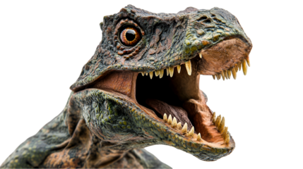 Close up of an impressive, formidable Deinonychus dinosaur head showcasing sharp teeth and detailed texture against a transparent background.