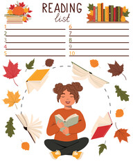 Autumn reading list template. Cute with books. Concept of personal scheduling template. Perfect for cover,poster,diary,planner.	