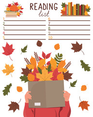 Reading list template with book lover hiding behind a book. Concept of personal scheduling template. Hand Drawn typography lettering design