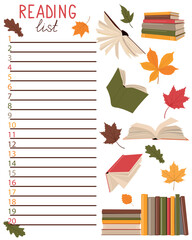 Reading list template with flying books. Concept of personal scheduling template. Hand Drawn typography lettering design. Perfect for cover,poster,diary,planner.	