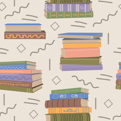 Seamless book stacks background. Hand drawn back to school knowledge concept	
