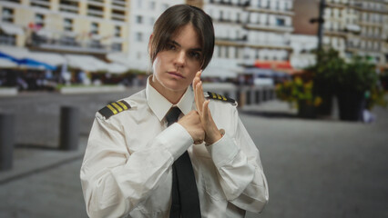Young woman pilot in uniform performs fighting gesture on city street with determination showcasing...