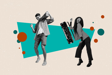 Mockup trend collage of people use boom box dance on pastel teal color background