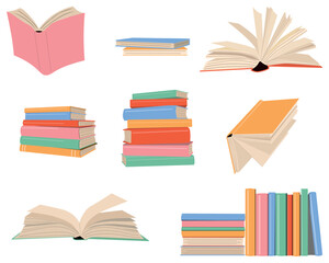 A pile of books set. Book stickers for a reading journal. Open and closed books for reading. Education, knowledge, concept of training. 