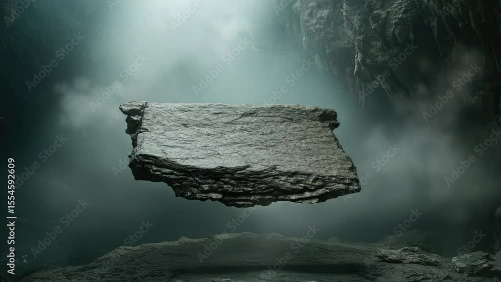 Poster a floating rock suspended in the air within a cave