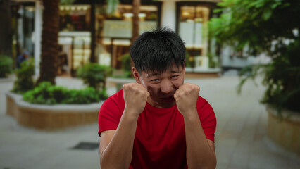 Young man in red shirt displaying frustration on a city street, surrounded by blurred greenery and...