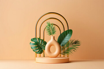 Minimalist peach pedestal with golden arches and tropical leaves