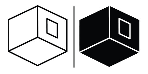 Isometric Cube Icon:  A versatile pair of isometric cube icons, one in black and one in white line art, perfect for various design projects. © Vectorzone