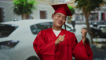 Young chinese man in red graduation attire enthusiastically celebrating on a city street,...
