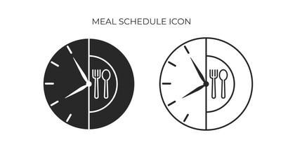 Solid and outline icons showing a clock and dining utensils, illustrating scheduled eating periods for diet or healthy lifestyle management.