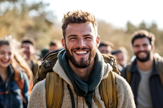 Happy Hiker Leading Group on Outdoor Adventure