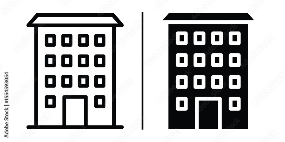 Poster building icon set: a stylized and minimalist icon set featuring two distinct representations of a bu
