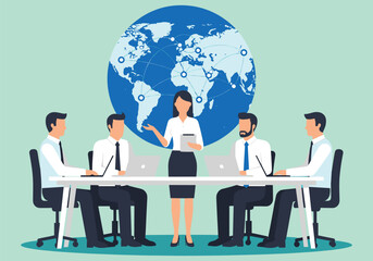 Global business team meeting around a table, holding a world map, symbolizing international teamwork and success
