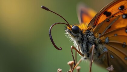 Obraz premium Butterfly orange wings black spots curled proboscis detailed focus on head and eye blurred green background