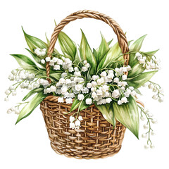 Obraz premium A delightful basket overflowing with fragrant white lily of the valley flowers and vibrant green leaves, on a clean transparent background.