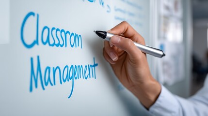 Teacher s hand writing classroom management in blue marker on a whiteboard