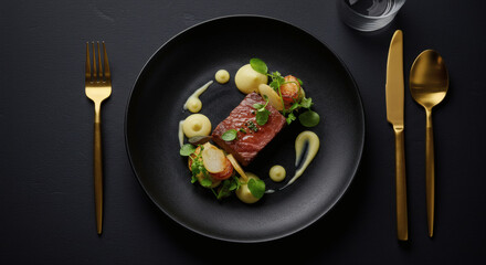 Gourmet Beef Dish with Mashed Potatoes Roasted Root Vegetables and Fresh Herbs on Black Plate