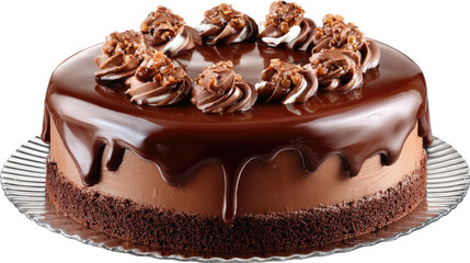 Delectable Chocolate Cake Delight: A close-up shot of an appetizing, luxurious chocolate cake, showcasing its rich, velvety chocolate frosting with elegant chocolate accents and inviting texture.