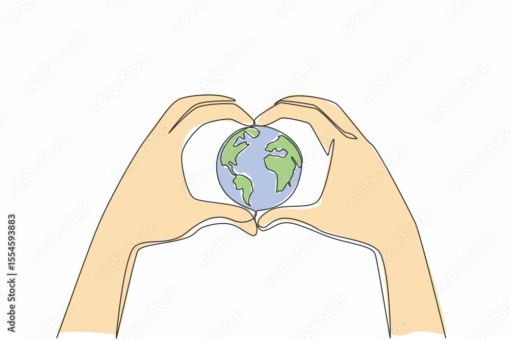 Poster continuous one line drawing 2 hands forming heart shape and in the middle of the hands is round glob