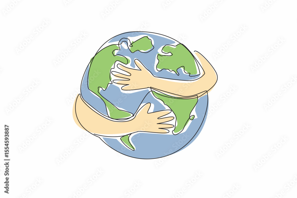 Aufkleber single continuous line drawing 2 hands hugging a heart shaped globe. symbolism of doing whatever it 