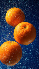 Photograph of fresh oranges covered with water droplets, with emphasis
