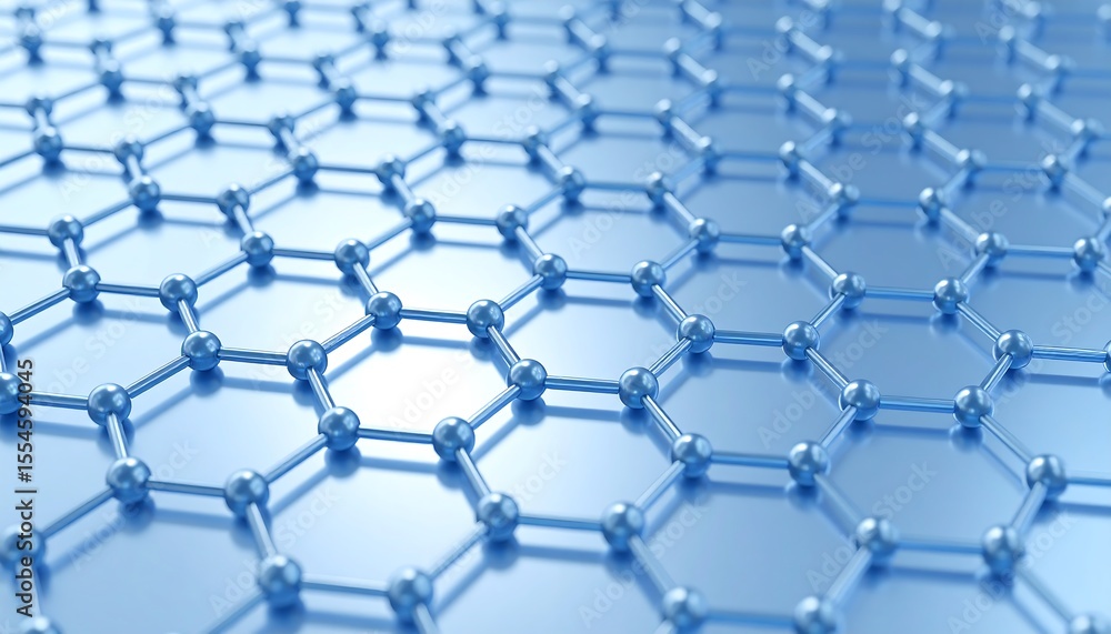 Poster graphene structure with interconnected hexagons with 3d illustration on blue background.