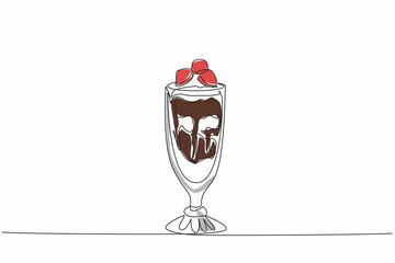 Continuous one line drawing chocolate parfait in a glass with various layers. Fresh summer drink. Sweet and delicious. National Chocolate Parfait Day. Single line draw design vector illustration