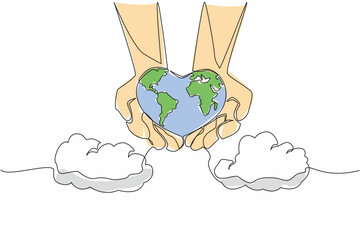 Single one line drawing heart shaped globe on 2 open palms. Taking care of the beloved earth with pleasure. Maintaining the ecosystem. Global Love Day. Continuous line design graphic illustration