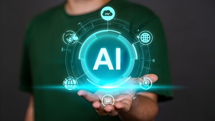 Person holding a glowing ai interface with digital icons representing technology and connectivity