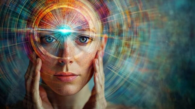 A mystical visual background designed for meditation, focusing on the concept of awakening the third eye. Radiant energy emanates from the forehead area, symbolizing inner vision, higher consciousness