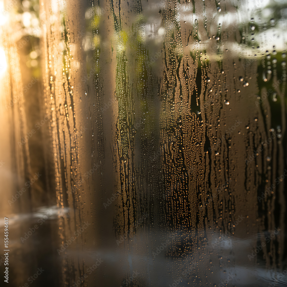 Poster raindrops streak down a window pane creating an abstract texture