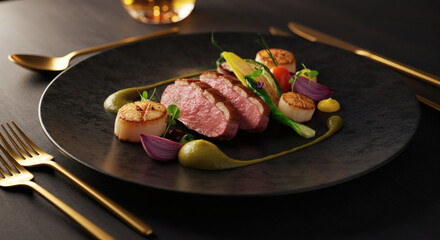 Gourmet Pan Seared Duck Breast with Seared Scallops Elegant Plated Dish Fine Dining