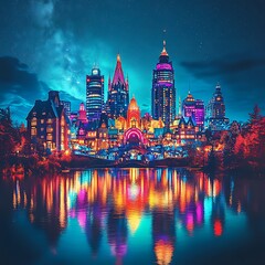 Obraz premium Fantasy city skyline reflecting brightly into water under night sky