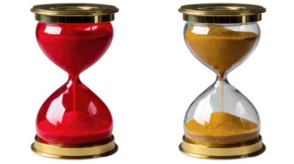 Time Management Concept: Two hourglass, one filled with red sand, the other with golden sand, representing different aspects of time management or the passage of time.