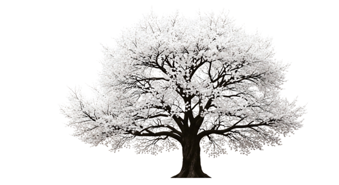 An isolated tree in full white blossom, showcasing delicate petals and intricate branches on a pure white background