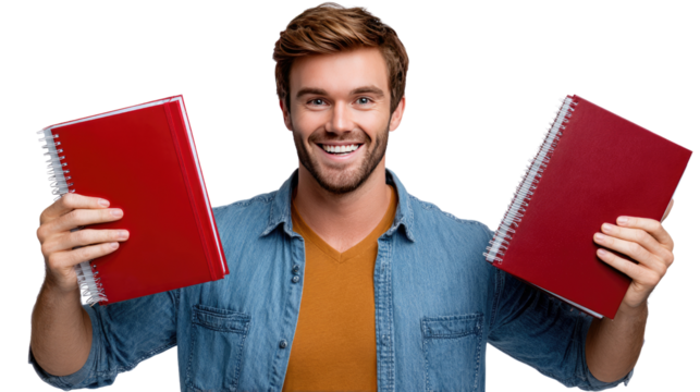Smiling Student: A cheerful student holds two red notebooks, capturing a moment of youthful energy, demonstrating the essence of dedication, learning, and educational growth