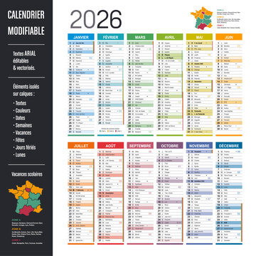 Calendrier Fran&ccedil;ais 2026 modifiable France, &eacute;l&eacute;ments isol&eacute;s sur calques, textes en Arial, &eacute;ditables et vectoris&eacute;s.