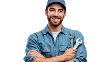 Smiling Mechanic: A friendly, confident mechanic with a broad smile holds a wrench, showcasing expertise and reliability.