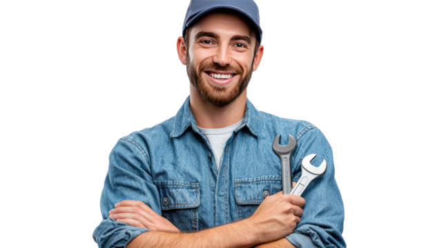 Smiling Mechanic: A friendly, confident mechanic with a broad smile holds a wrench, showcasing expertise and reliability.