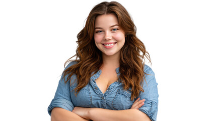 Obraz premium Radiant Smile and Poise: A young woman with a warm, inviting smile poses confidently, her arms crossed in a gesture of self-assurance and poise.