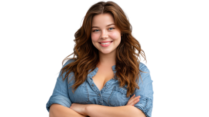 Radiant Smile and Poise: A young woman with a warm, inviting smile poses confidently, her arms crossed in a gesture of self-assurance and poise.